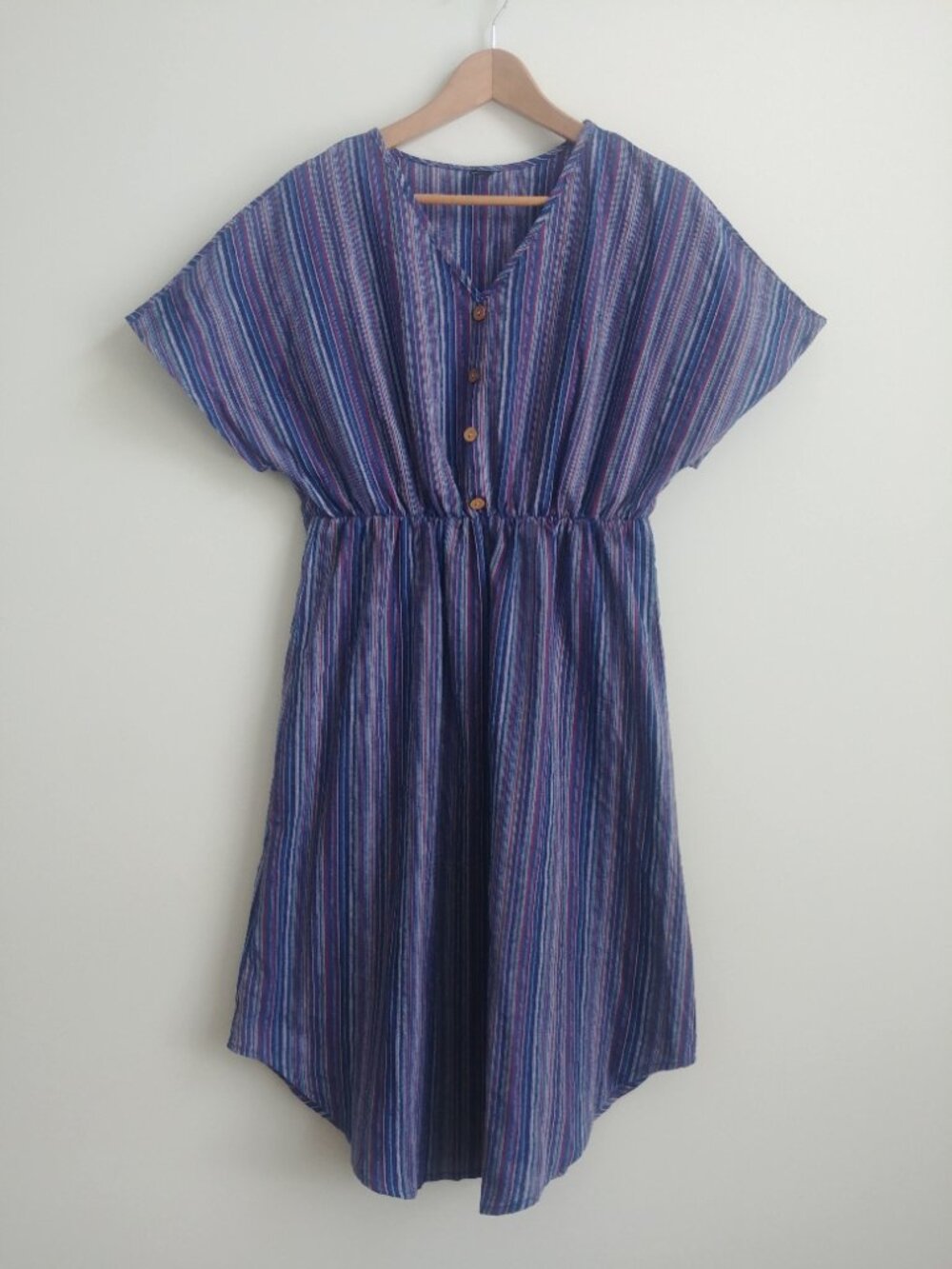 Emery Rose Large cotton blend blue purple striped midi dress elasticated waist